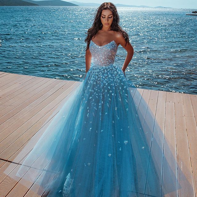Elegant sky blue Butterfly Strapless Sweetheart Tulle Sparkle Prom Party Gowns-showprettydress