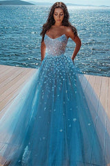 Elegant sky blue Butterfly Strapless Sweetheart Tulle Sparkle Prom Party Gowns-showprettydress