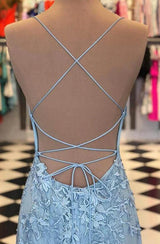 Elegant Sky Blue Spaghetti Strap Lace Applique Simple Long Prom Party Gowns-showprettydress