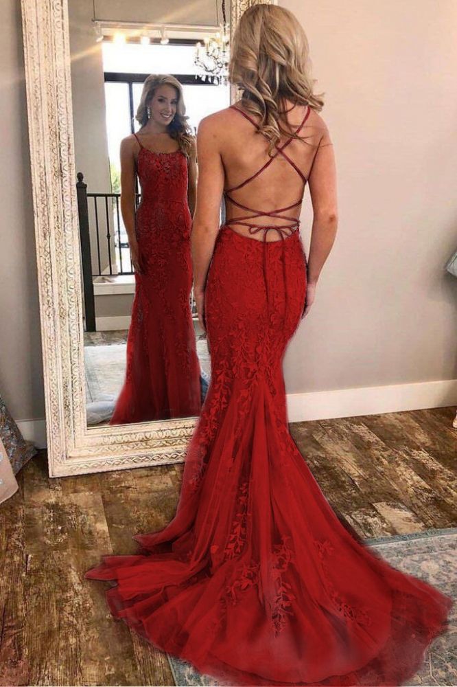Elegant Sky Blue Spaghetti Strap Lace Applique Simple Long Prom Party Gowns-showprettydress