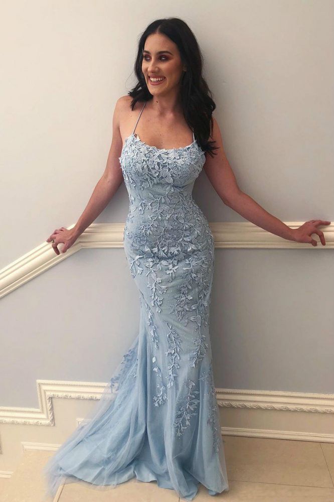 Elegant Sky Blue Spaghetti Strap Lace Applique Simple Long Prom Party Gowns-showprettydress