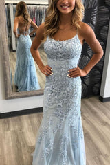 Elegant Sky Blue Spaghetti Strap Lace Applique Simple Long Prom Party Gowns-showprettydress