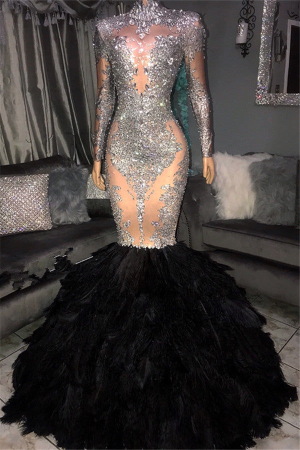 Elegant Sliver Seuqins High Neck Long Sleevess Fur Mermaid Prom Dresses-showprettydress