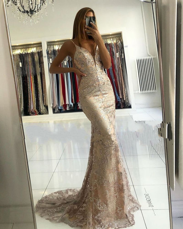 Elegant Spaghetti Strap Champange Court Train V-neck Evening Dress-showprettydress