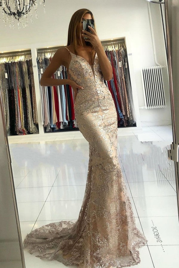 Elegant Spaghetti Strap Champange Court Train V-neck Evening Dress-showprettydress
