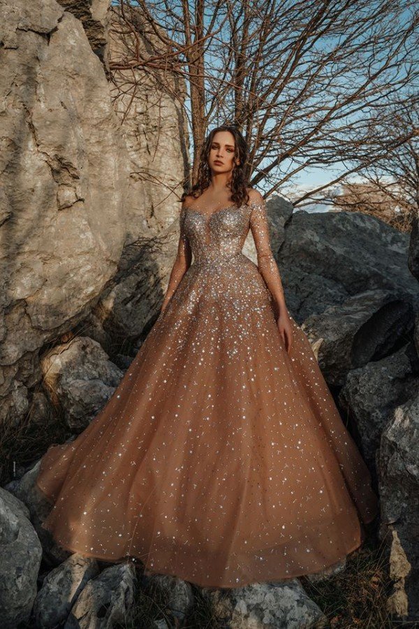Elegant Sparkle Beaded Sweetheart Dark Champange Prom Dresses-showprettydress