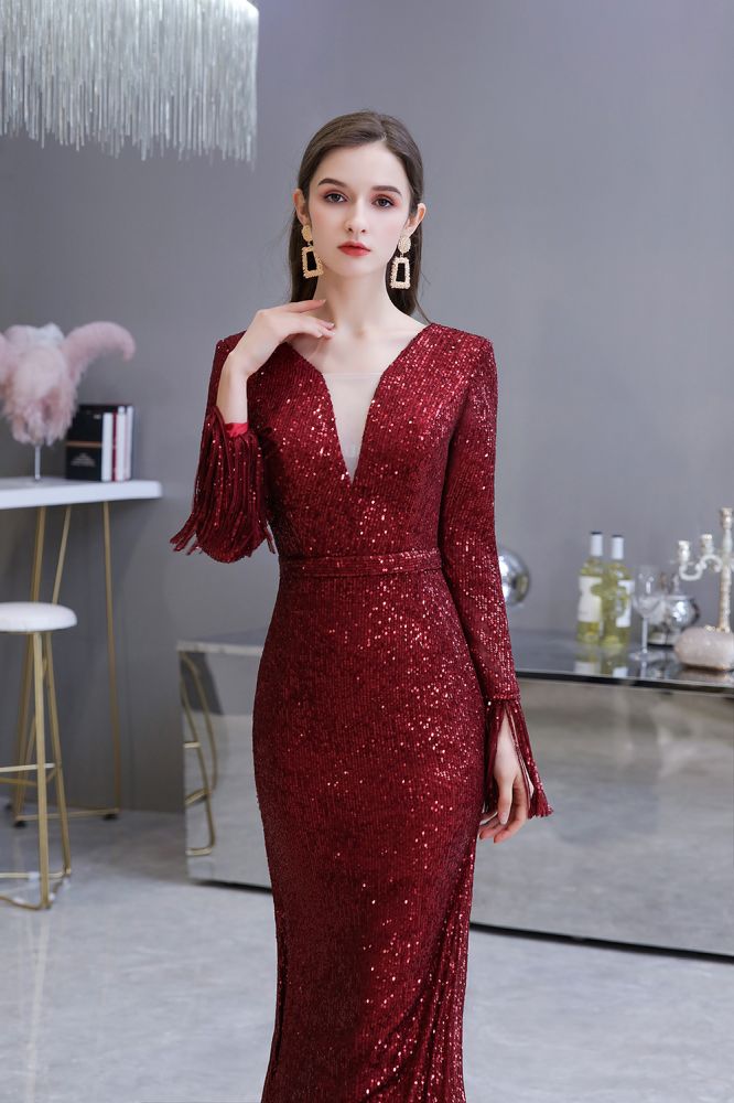 Elegant Sparkle Sequined Burgundy Long Sleeves V-neck Mermaid Long Prom Party Gowns-showprettydress