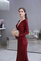 Elegant Sparkle Sequined Burgundy Long Sleeves V-neck Mermaid Long Prom Party Gowns-showprettydress