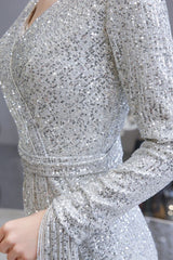 Elegant Sparkle Sequined Burgundy Long Sleeves V-neck Mermaid Long Prom Party Gowns-showprettydress
