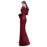 Elegant Sparkle Sequined Burgundy Long Sleeves V-neck Mermaid Long Prom Party Gowns-showprettydress
