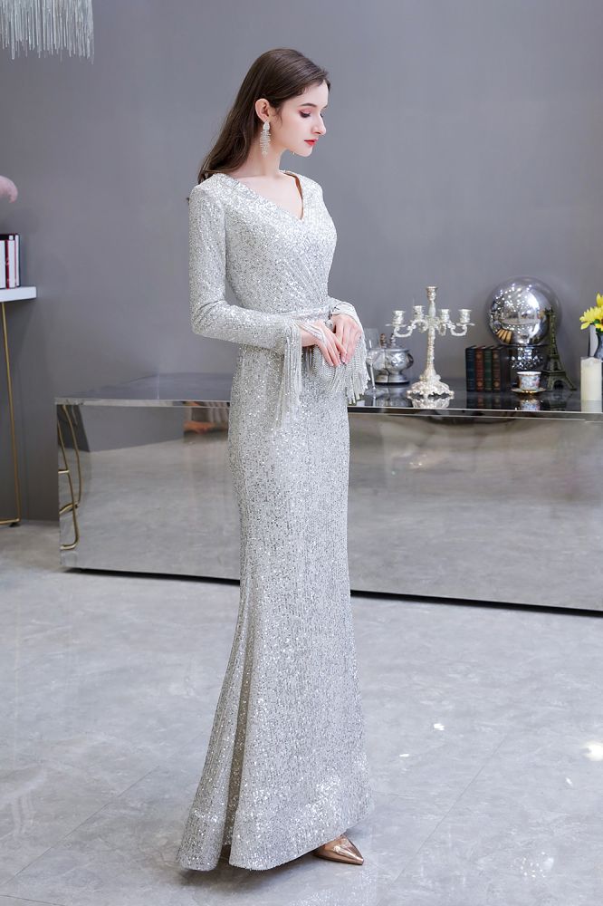 Elegant Sparkle Sequined Burgundy Long Sleeves V-neck Mermaid Long Prom Party Gowns-showprettydress