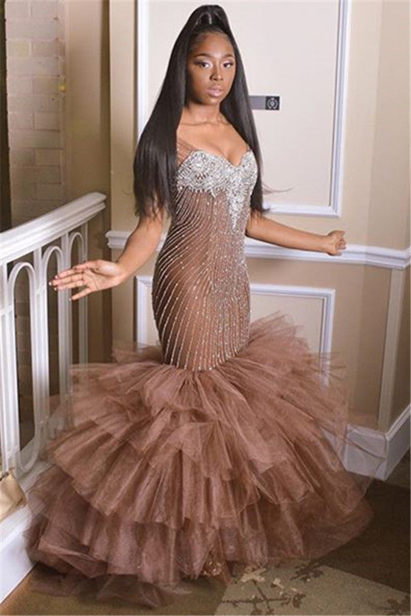 Elegant Straps Sleeveless Applique Tulle Mermaid Prom Party Gowns-showprettydress