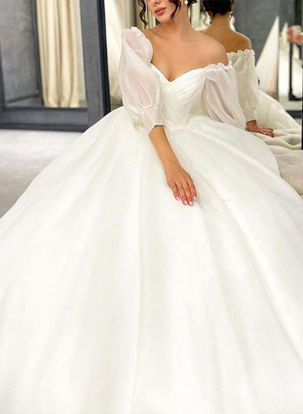 Elegant Sweetheart Organza Sweep Train Wedding Dress Ruffle-Showprettydress