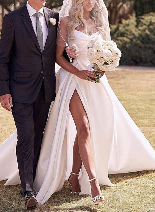 Elegant Sweetheart Satin Sweep Train Wedding Dresses Split Front-Showprettydress