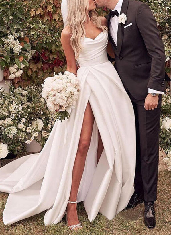 Elegant Sweetheart Satin Sweep Train Wedding Dresses Split Front-Showprettydress