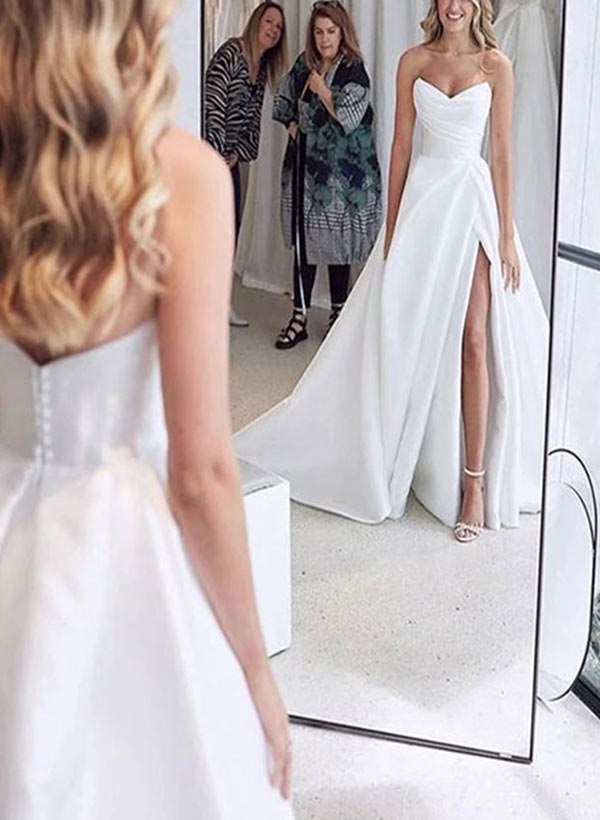 Elegant Sweetheart Satin Sweep Train Wedding Dresses Split Front-Showprettydress