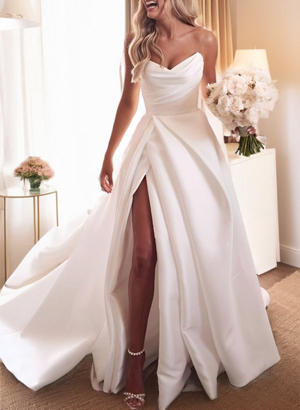 Elegant Sweetheart Satin Sweep Train Wedding Dresses Split Front-Showprettydress