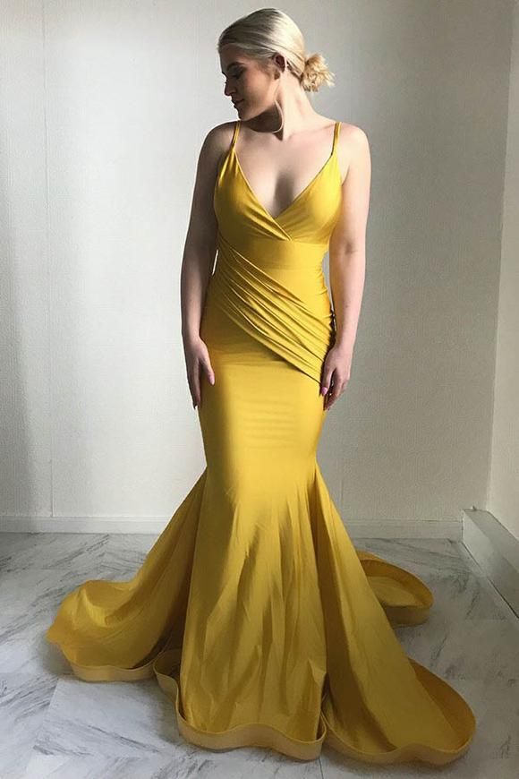 Elegant V-Neck Evening Dress New Arrival Mermaid Yellow Prom Party Gowns-showprettydress