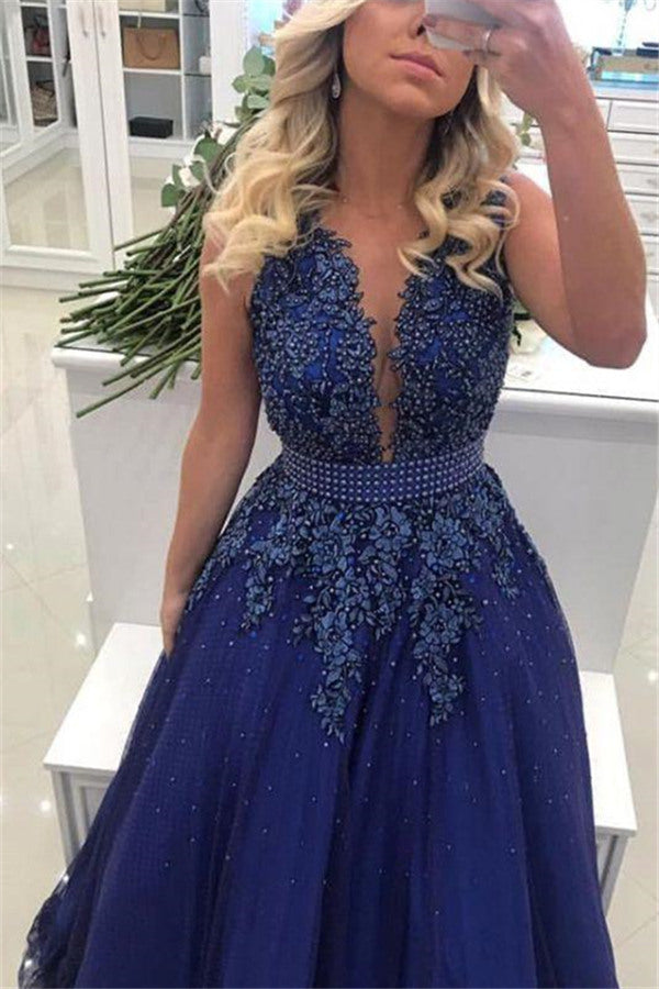 7000093 Royal Blue Lace Waistband Evening Dress