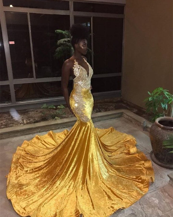 Elegant V-Neck Sleeveless Mermaid Appliques Yellow Prom Party Gowns-showprettydress