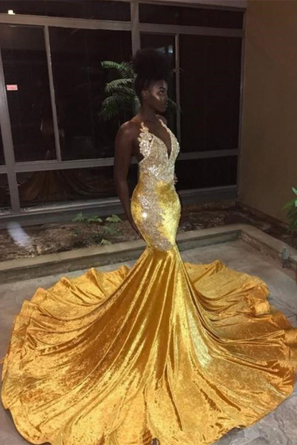 Elegant V-Neck Sleeveless Mermaid Appliques Yellow Prom Party Gowns-showprettydress