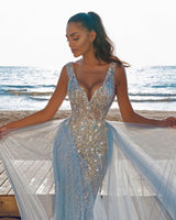 Elegant V-Neck Slim Prom Party Gowns with Detachable Train Mermaid Evening Dress-showprettydress