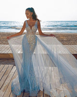 Elegant V-Neck Slim Prom Party Gowns with Detachable Train Mermaid Evening Dress-showprettydress