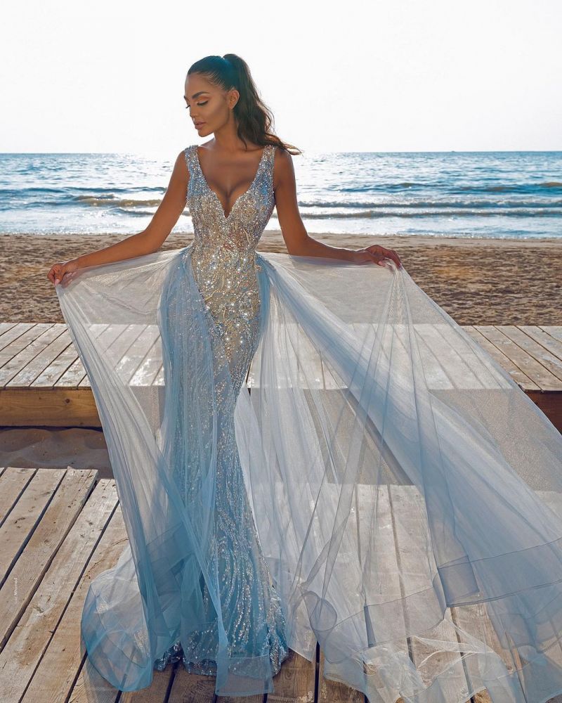 Elegant V-Neck Slim Prom Party Gowns with Detachable Train Mermaid Evening Dress-showprettydress