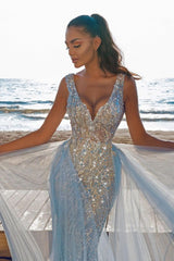 Elegant V-Neck Slim Prom Party Gowns with Detachable Train Mermaid Evening Dress-showprettydress