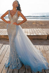 Elegant V-Neck Slim Prom Party Gowns with Detachable Train Mermaid Evening Dress-showprettydress
