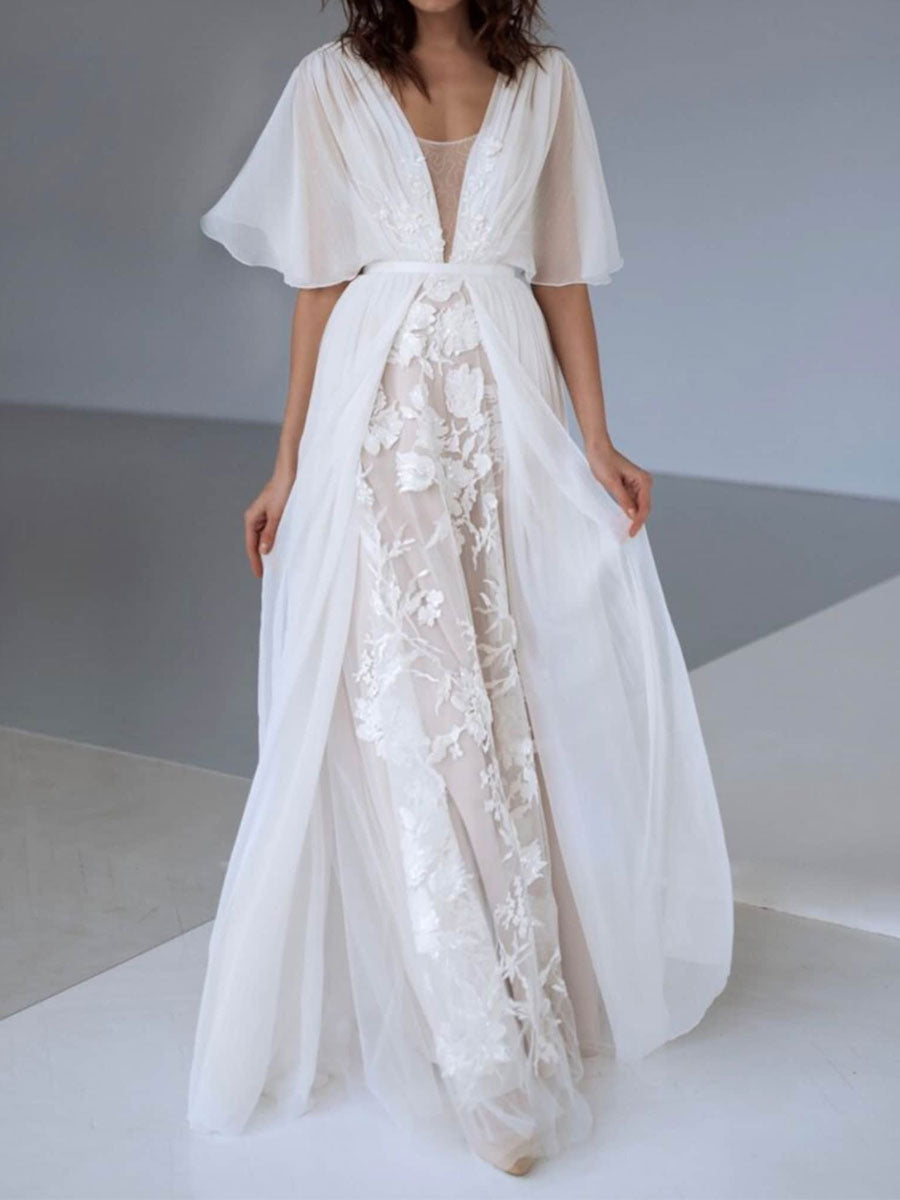 Elegant Wedding Dresses V Neck Half Sleeves Backless Lace Bridal Gown-Showprettydress