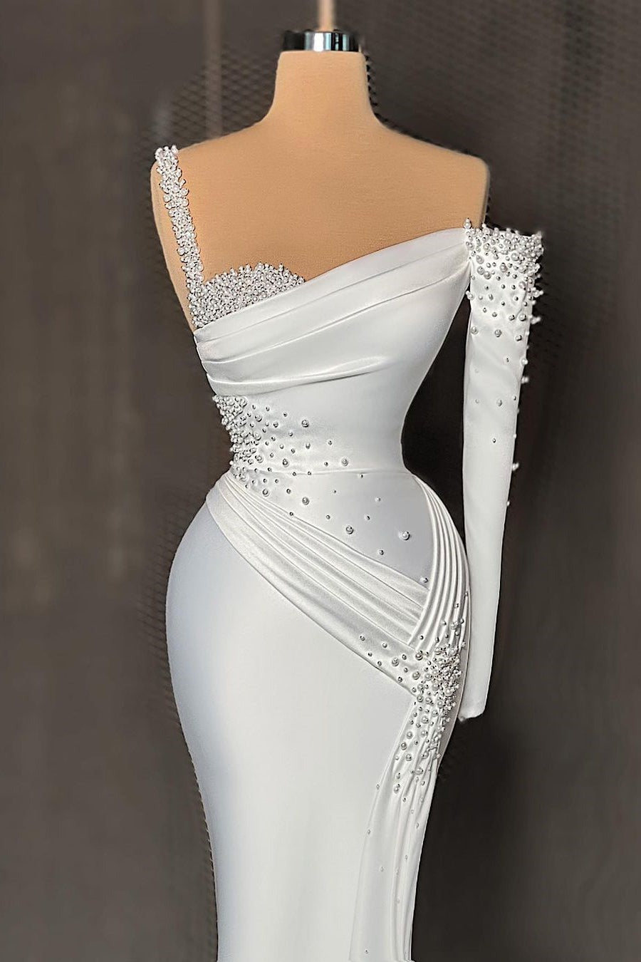 Elegant White Long Mermaid Satin One-Shoulder Prom Dress With Sleeves-showprettydress