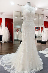 Elegant White Long Mermaid Tulle Lace Open Back Wedding Dresses-showprettydress