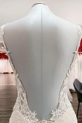 Elegant White Long Mermaid Tulle Lace Open Back Wedding Dresses-showprettydress