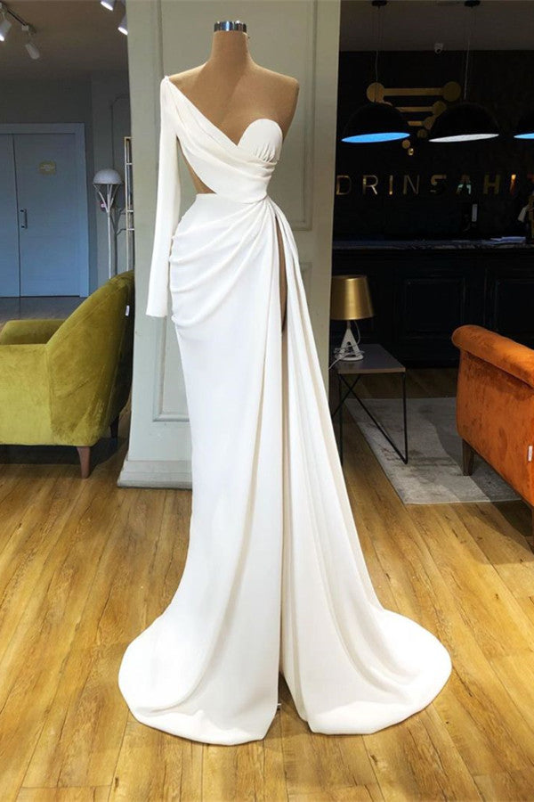 Elegant White Long Sleeve One Shoulder Satin Prom Dress With Split-showprettydress