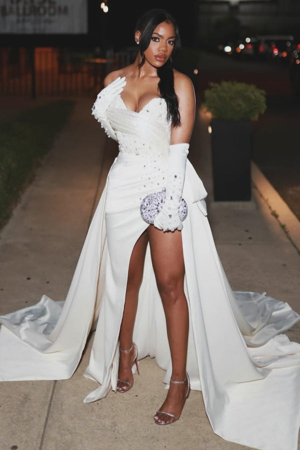 Elegant White Sweetheart Pearls High Split Mermaid Prom Dress-showprettydress
