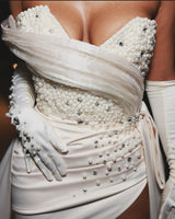 Elegant White Sweetheart Pearls High Split Mermaid Prom Dress-showprettydress