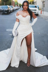 Elegant White Sweetheart Pearls High Split Mermaid Prom Dress-showprettydress
