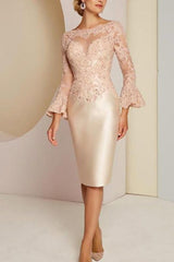 Elegant Wide sleeves Lace Sweetheart Satin Knee Length Mother of the bride Dresses-showprettydress