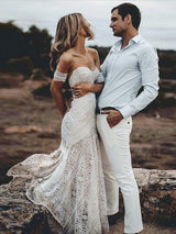 Elegnat Ivory Strapless Mermaid Lace Beach Wedding Dress Online with Lace Bracelet-showprettydress