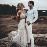 Elegnat Ivory Strapless Mermaid Lace Beach Wedding Dress Online with Lace Bracelet-showprettydress