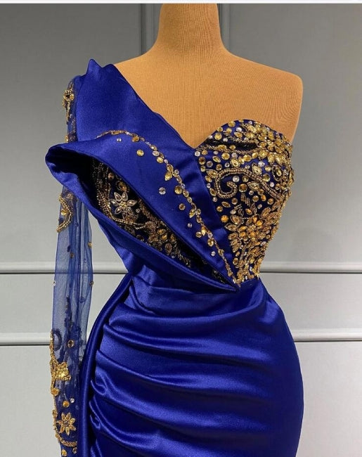Elgeant Royal Blue One Shoulder Mermaid Prom Dresses with Sleeves-showprettydress