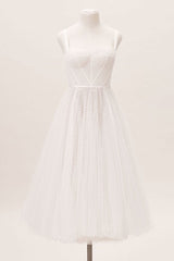 Exclusive White Wedding Dresses T-Length A-Line Sweetheart Pearls Spaghetti Straps Tea Length Bridal Dress-showprettydress