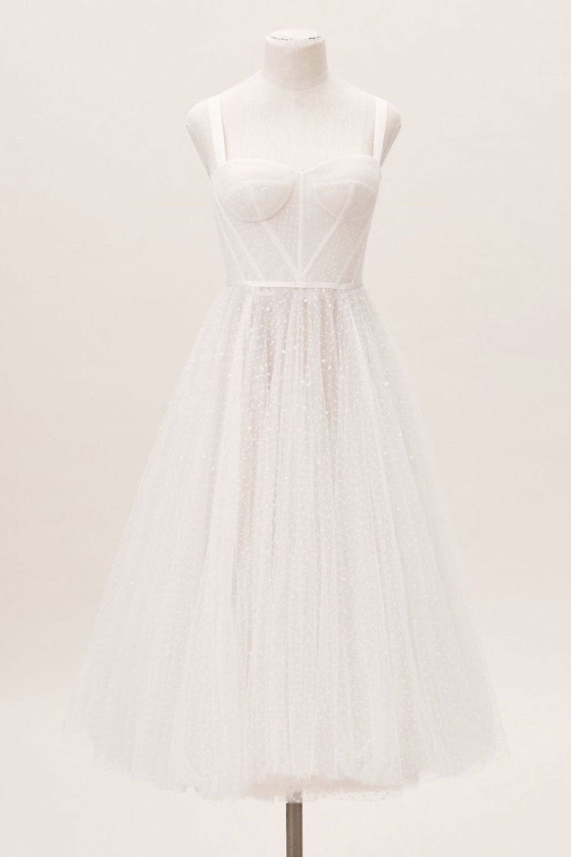 Exclusive White Wedding Dresses T-Length A-Line Sweetheart Pearls Spaghetti Straps Tea Length Bridal Dress-showprettydress