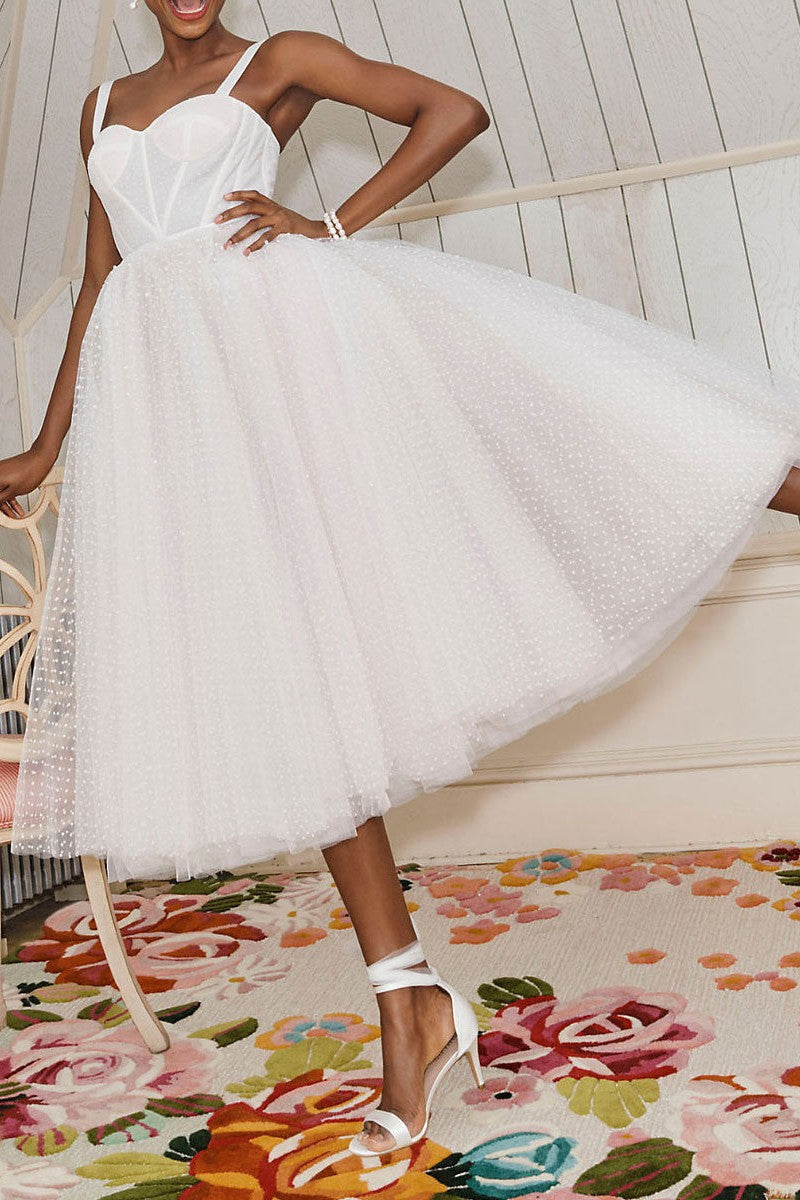 Exclusive White Wedding Dresses T-Length A-Line Sweetheart Pearls Spaghetti Straps Tea Length Bridal Dress-showprettydress