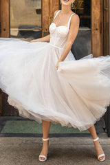 Exclusive White Wedding Dresses T-Length A-Line Sweetheart Pearls Spaghetti Straps Tea Length Bridal Dress-showprettydress