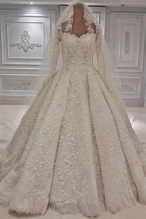 Expensive Lace Appliques Long Sleevess Ball Gown Wedding Dress-showprettydress