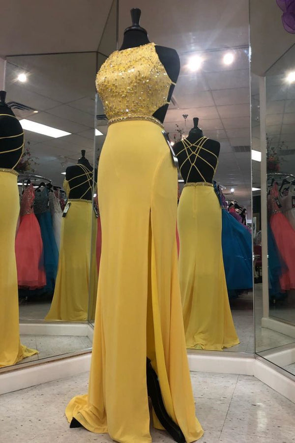 Exquisite Jewel Sleeveless Beading Prom Party Gowns Chic Front Slit Long Prom Gown-showprettydress
