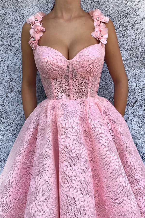 Exquisite Lace Sweetheart Pink Prom Party Gowns| Chic Flower Straps Sleeveless Long Prom Party Gowns-showprettydress