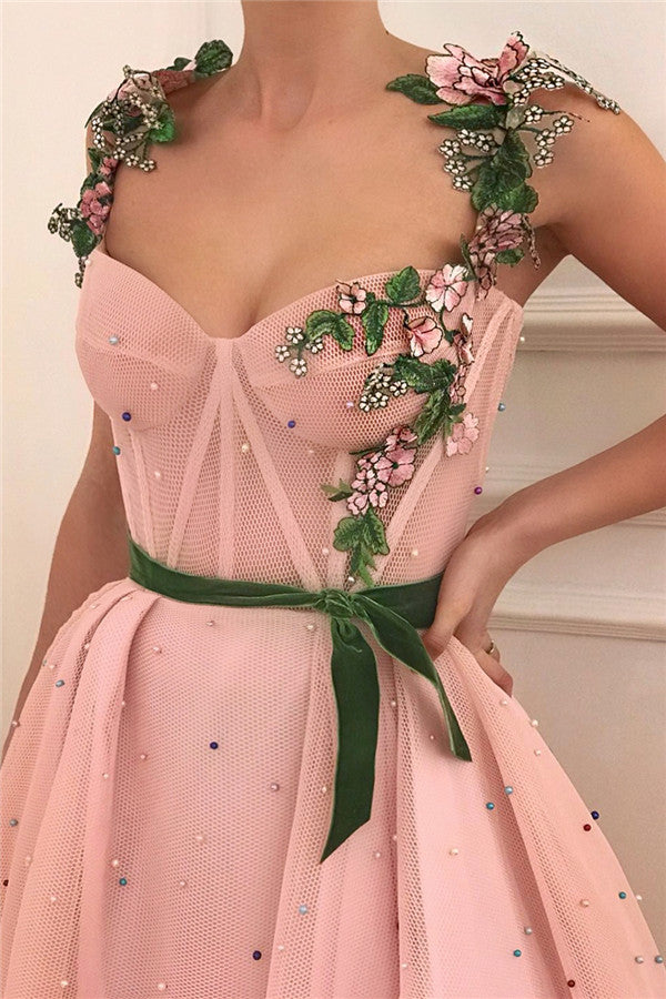 Exquisite Pink Tulle Burgundy See Through Bodice Sweetheart Sash Prom Dress with Pearls-showprettydress